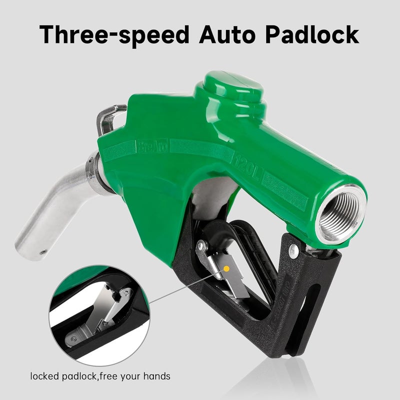 BreAro 1" NPT Automatic Fuel Nozzle with Hook, Gas Nozzle Diesel Pump Handle Max Flow Rate 30GPM, 3-speed Padlock, Auto Shut Off, 19/16" (OD=30mm) Spout for Gasoline, Diesel, Kerosene Biodiesel - Image 4